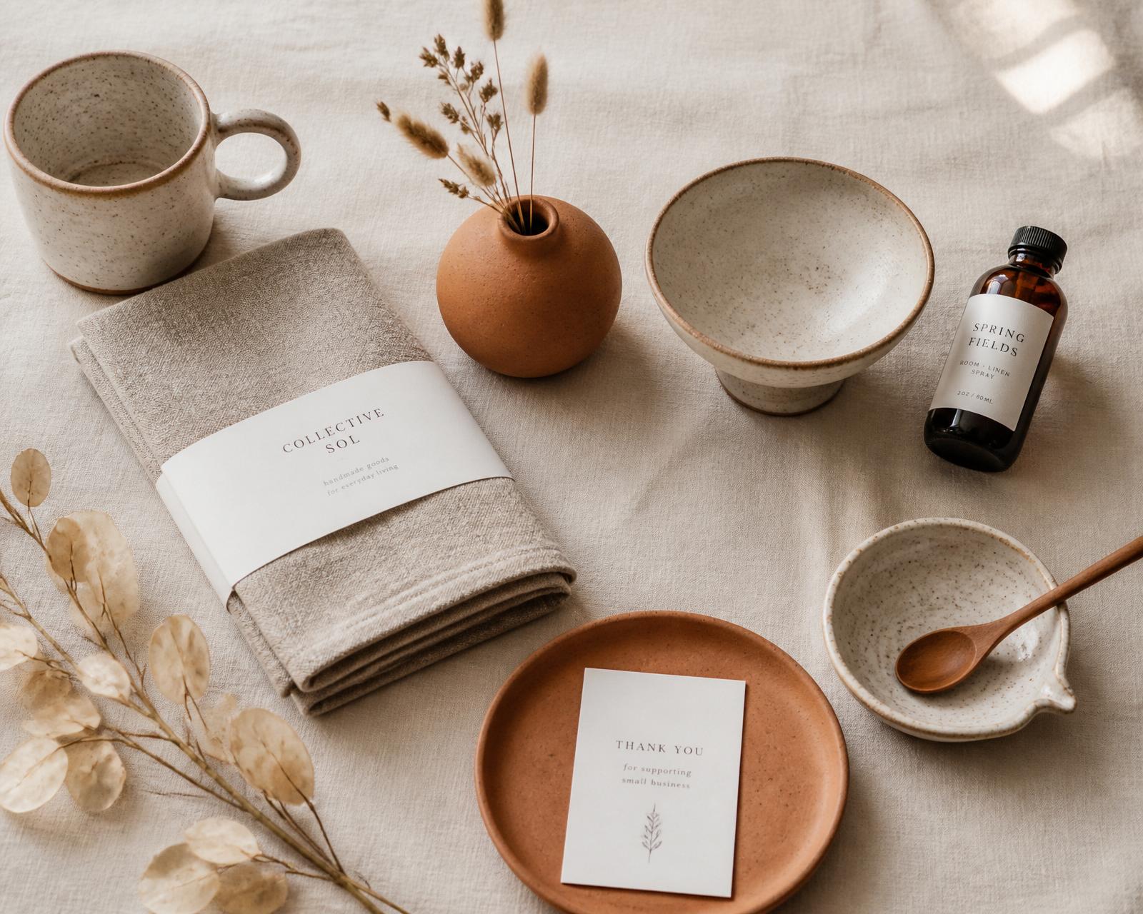 Curated artisan goods on a linen surface